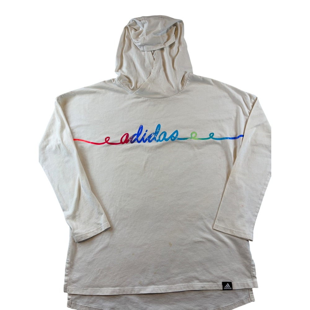 Adidas Womens Rainbow Script‎ Logo Hooded T-Shirt Cream Long Sleeve Hoodie Fair